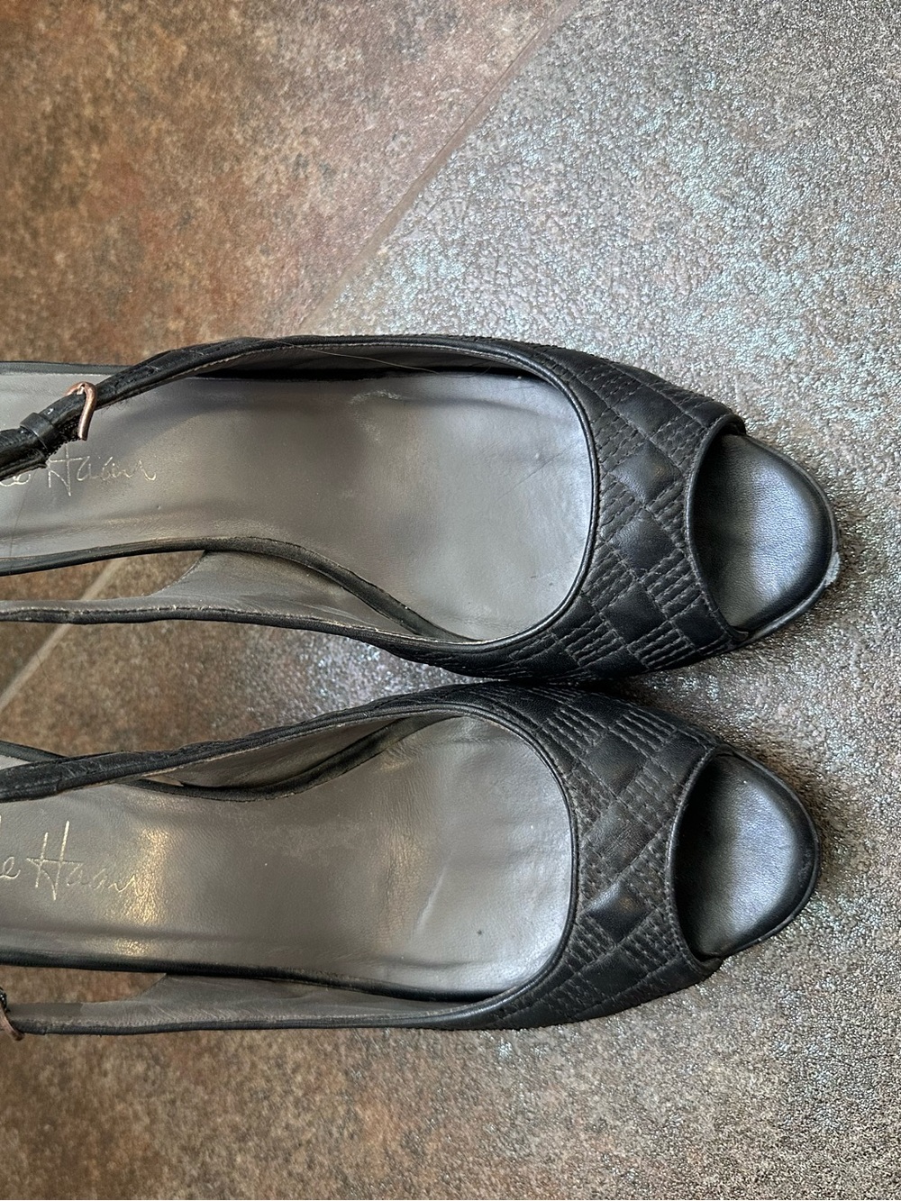 Cole Haan Black Quilted platform Peep-Toe Slingback Heels